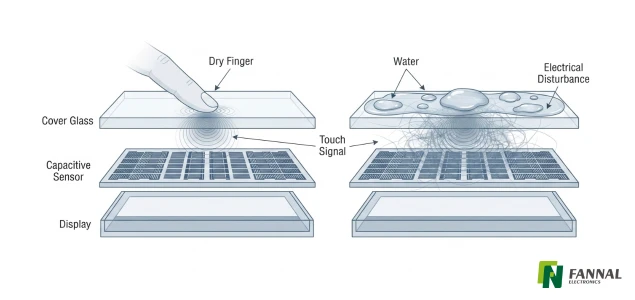 Dry finger &rarr; relatively clear signal vs. Water &rarr; additional electrical disturbance.webp