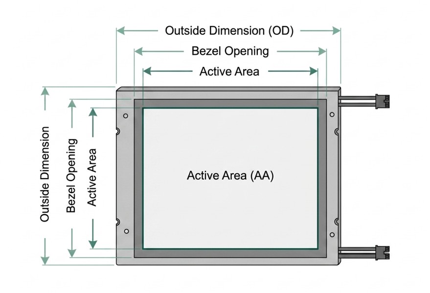 LCD module structure diagram defining Outside Dimension, Bezel Opening, and Active Area (1)