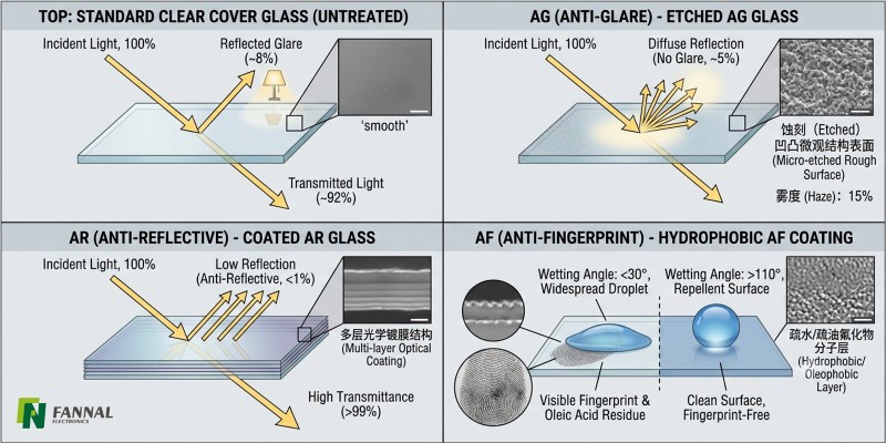 Cover Glass Surface Treatments: AR, AG, and AF Explained